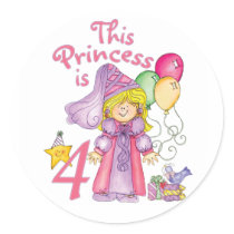 Princess 4th Birthday Round Stickers