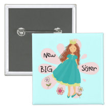 Princess Big Sister Brown Hair Pinback Button