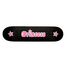 Princess pink text design on black skateboard deck