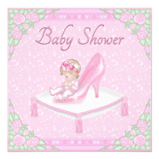 Princess Slipper, Baby and Roses Pink Baby Shower Announcement