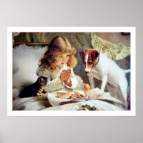 Print: Breakfast in Bed: Girl, Terrier & Cat