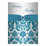 PRINTED RIBBON Silver, Teal Damask Wedding Invite