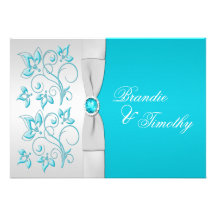 PRINTED RIBBON Turquoise, Silver Floral Wedding Personalized Announcement