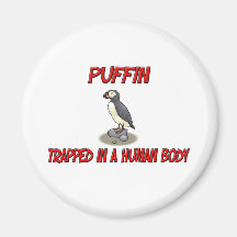 Puffin trapped in a human body fridge magnet