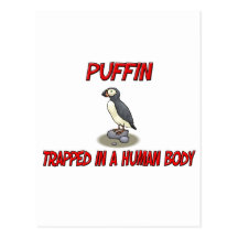 Puffin trapped in a human body post card