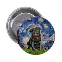 Pug 13 (black) - Starry Night Pinback Button