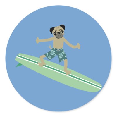 Pug Dog Longboard Surfer Stickers