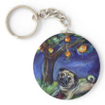 pug with kong under chinese lamp night sky key chain