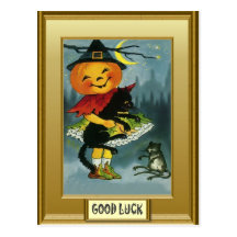 Pumpkin head and her cat postcard