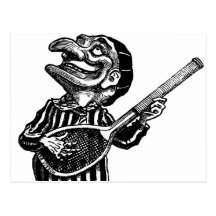 Punch playing air guitar on a tennis racket postcard