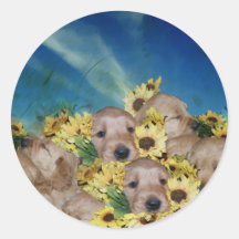 PUPPIES AND FLOWERS (GOLDEN RETRIEVERS) ROUND STICKERS