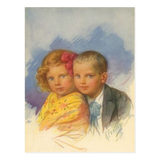 Puppy Love, Vintage Child, Boy & Girl Portrait Postcard