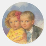 Puppy Love, Vintage Child, Boy & Girl Portrait Round Sticker