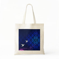 Pure white love birds on bluish damask pattern canvas bags