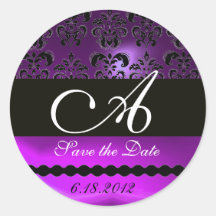 PURPLE AMETHYST DAMASK MONOGRAM, violet Round Stickers