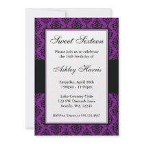 Purple and Black Damask Sweet Sixteen Birthday Custom Invites