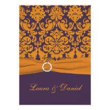 Purple and Orange Damask Wedding Invitation