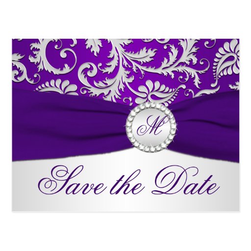 Purple and Silver Damask Save the Date Card Postcards