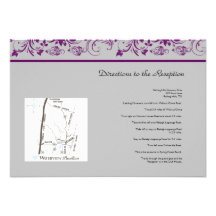 Purple and Silver Floral Scroll Wedding Directions Custom Invitations