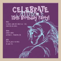 Purple and Teal Horse Head Sketch Birthday Invite invitations