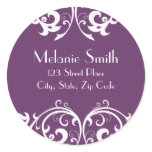 Purple and White Damask Address Label Round Sticker