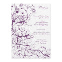 Purple  Birds and Swirls Wedding Menu invitations