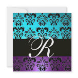 PURPLE BLACK BLUE TURQUASE DAMASK MONOGRAM white Custom Invitation