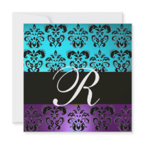 PURPLE BLACK BLUE TURQUASE DAMASK MONOGRAM white Custom Invitation
