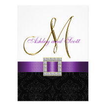 Purple Black Damask Initial Wedding Invite