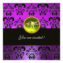 PURPLE BLACK  DAMASK MONOGRAM, yellow topaz Custom Invitations