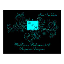 Purple Black Monogram Floral Swirls Save The Date Postcards
