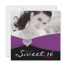 Purple Black Purple Sweet 16 Photo Birthday Party Custom Invites