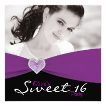 Purple Black Purple Sweet 16 Photo Birthday Party Invitations