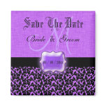 Purple black "save the date" wedding damask magnets