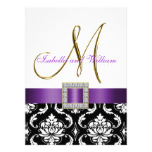 Purple Black White Damask Initial Wedding Invite