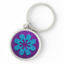 Purple & Blue Glitter Retro Flower Key Chain