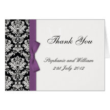 Purple Bow Damask Wedding Thank You Cards