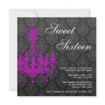 Purple Chandelier Black Damask Sweet 16 Birthday invitations