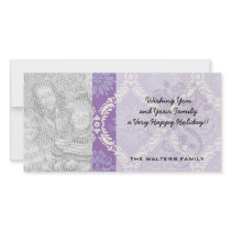 purple cream damask pattern personalised photo card