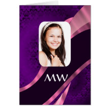 Purple damask and personalized photo greeting cards