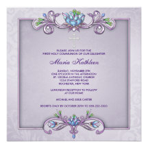 Purple Damask Cross Girls First Communion Custom Invites