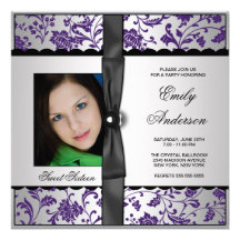 Purple Damask Photo Sweet 16 Party Personalized Invitation