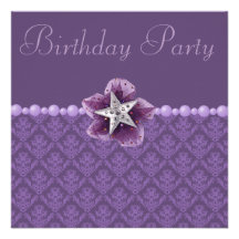 Purple Damask, Printed Star & Pearls Birthday Invite