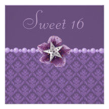 Purple Damask, Printed Star & Pearls Sweet 16 Custom Invite