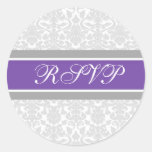 Purple Damask Wedding RSVP Envelope Seals Round Stickers