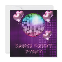 Purple Dance Party Event Mirrorball Love Balloons Custom Invitation
