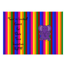 Purple elephant rainbow stripes personalized invitations
