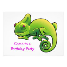 Purple Eyed Lime Green Chameleon Birthday Party Custom Announcements