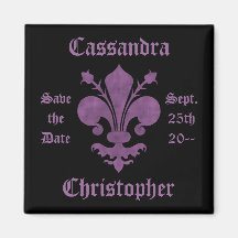 Purple fleur de lis on black save the date wedding magnets