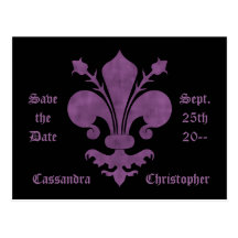 Purple fleur de lis on black save the date wedding postcard